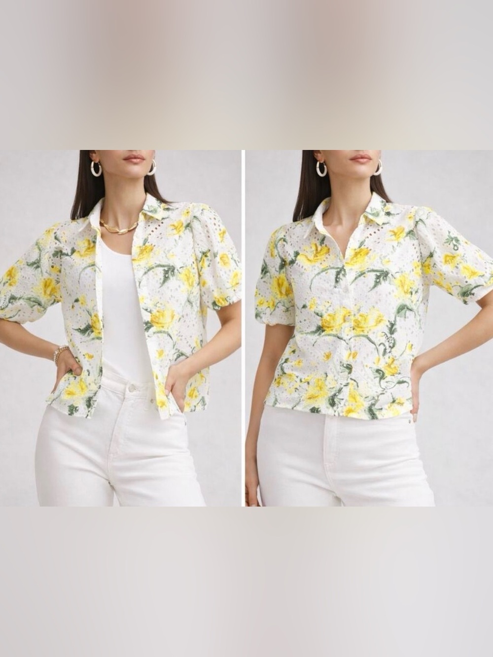 Chico’s Floral Eyelet Button-Front Puff Sleeve Blouse White Yellow Size 1 (US 8)